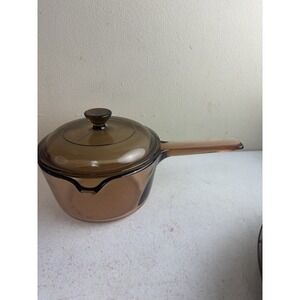 Vintage Corning Vision Ware 1L Amber Glass Pot Sauce Pan With Lid Made In USA